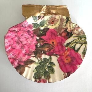 Pink Vintage Floral Seashell Trinket Dish Garden Decor